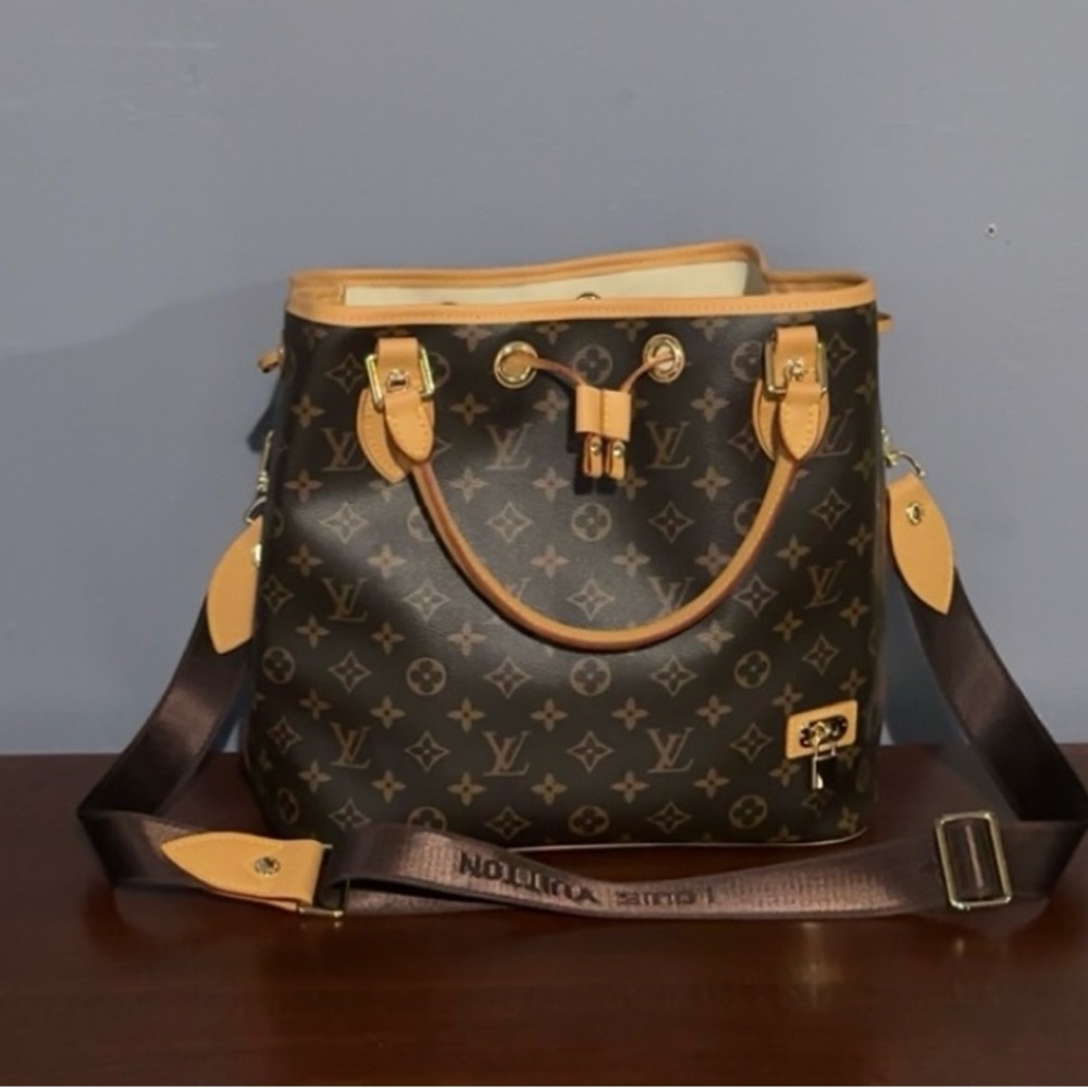 Brown and tan bucket bag
